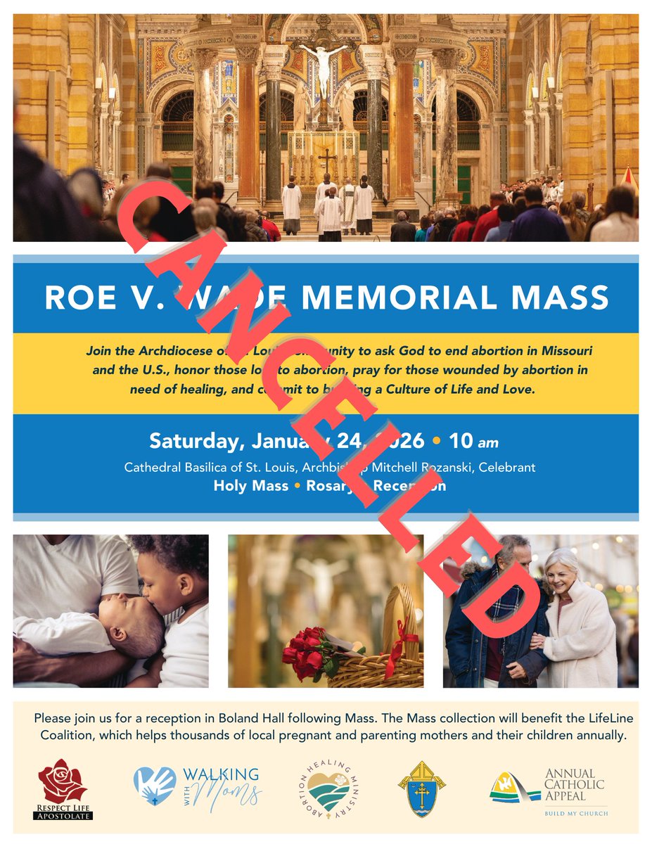 ProLifeSTL's tweet image. With serious winter weather starting tomorrow, the RLA is announcing the cancellation of the @archstl Roe v. Wade Memorial Mass. 
Join us in praying the Holy Rosary from wherever you are tomorrow at 10 am: @USCCB Pro-Life Rosary Prayer Intentions here: usccb.org/prayers/pro-li…