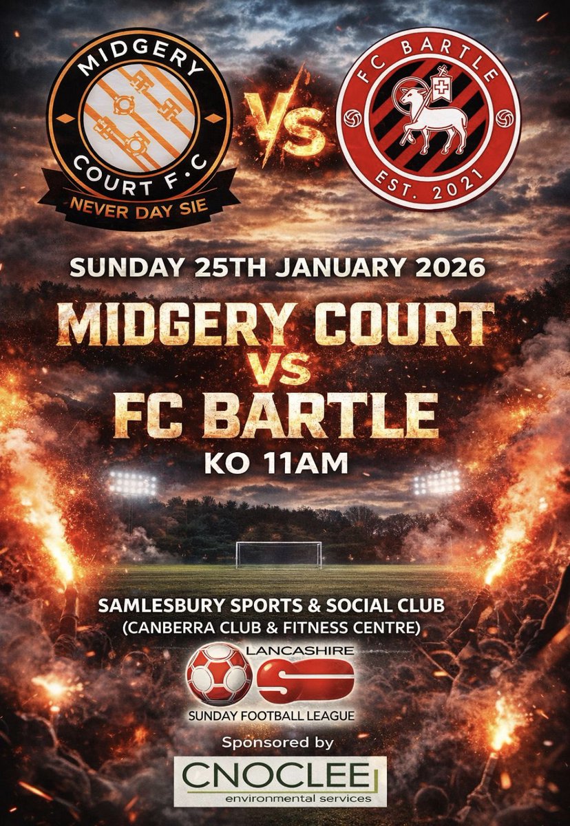 Midgery Court FC vs Bartle FC
🗓 Sun 25th Jan
⏰ 11:00am Kick-off
📍 Salmesbury Playing Field, BB2 7LF
After a couple of tough results, we’re looking to put them behind us and get back on the winning trail.
Come down and support us — your backing makes all the difference. 💪⚽