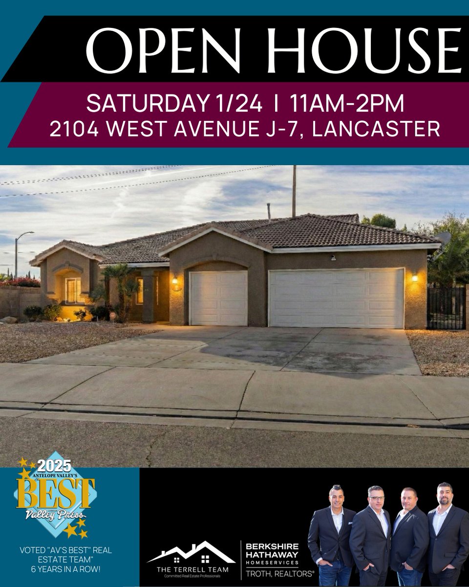 DougTerrell3's tweet image. 🏠💥𝐎𝐏𝐄𝐍 𝐇𝐎𝐔𝐒𝐄!! Pristine Eliopulos Semi-Custom Masterpiece!
🛏 4 Bedrooms 🛁 2 Bathrooms 📐 1,967 S.F.💥🏠
🏠 Saturday. 1/24 from 11am-2pm
2104 West Avenue J-7, Lancaster, CA
Presented by THE TERRELL TEAM...
Call or text for more information. 661-803-0269
DRE# 01912546