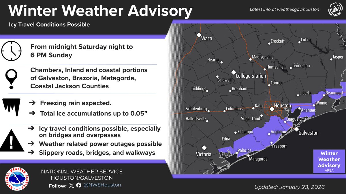 NWSHouston's tweet image. ⚠️ Ice Storm &amp;amp; Winter Storm Warnings are in effect for ice and sleet. Expect hazardous to near impossible travel and power outages.

Dangerous Cold: An Extreme Cold Warning takes effect Saturday evening through early next week.

Preparations should be completed today!