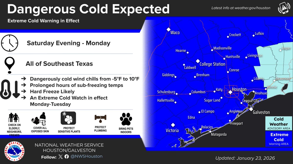 NWSHouston's tweet image. ⚠️ Ice Storm &amp;amp; Winter Storm Warnings are in effect for ice and sleet. Expect hazardous to near impossible travel and power outages.

Dangerous Cold: An Extreme Cold Warning takes effect Saturday evening through early next week.

Preparations should be completed today!