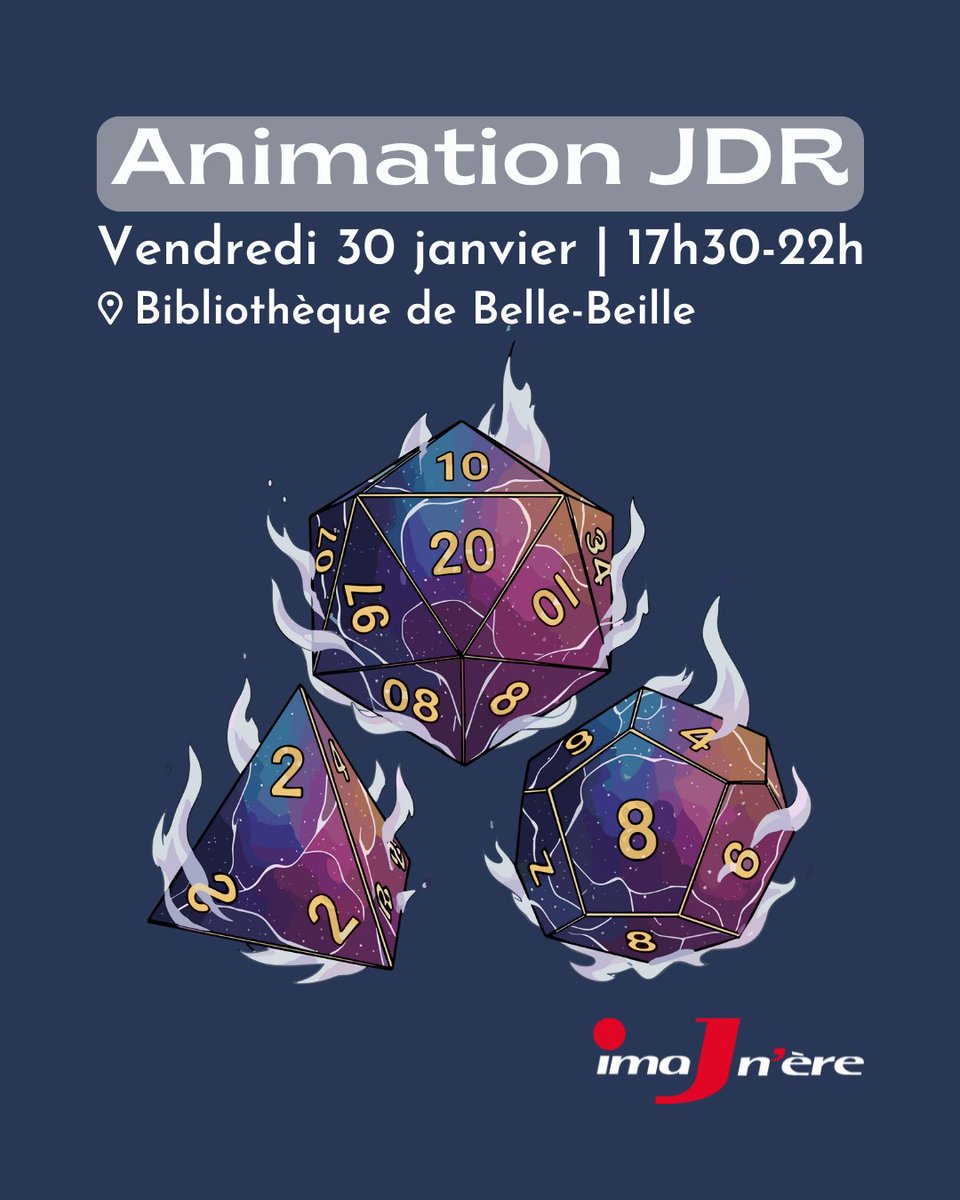 imaJnere's tweet photo. [JEUX DE RÔLE]

Le 30/01 nous serons à la Bibliothèque de Belle-Beille pour une soirée jeux de rôle 🎲

Nous animerons 2 jeux : 
- Périls &amp; Princesses : 17h30-19h (7 ans et +)
- Mothership : 20h-22h (16 ans +)

Une soirée qui promet le plein d'aventures ⚔️👨‍🚀💫

@BMAngers https://t.co/xsSESJCX8G