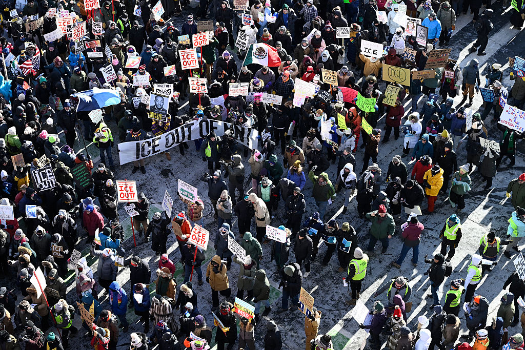 A tremendous amount of demonstrators at a rally during "ICE Out” day in Minneapolis Friday - marching from U.S. Bank Stadium to Target Center. Full coverage all afternoon with <a href="/DeRushaJ/">Jason DeRusha</a> on 830 WCCO.

(Photos by Stephen Maturen/Getty Images / Audacy / Mark Freie)
