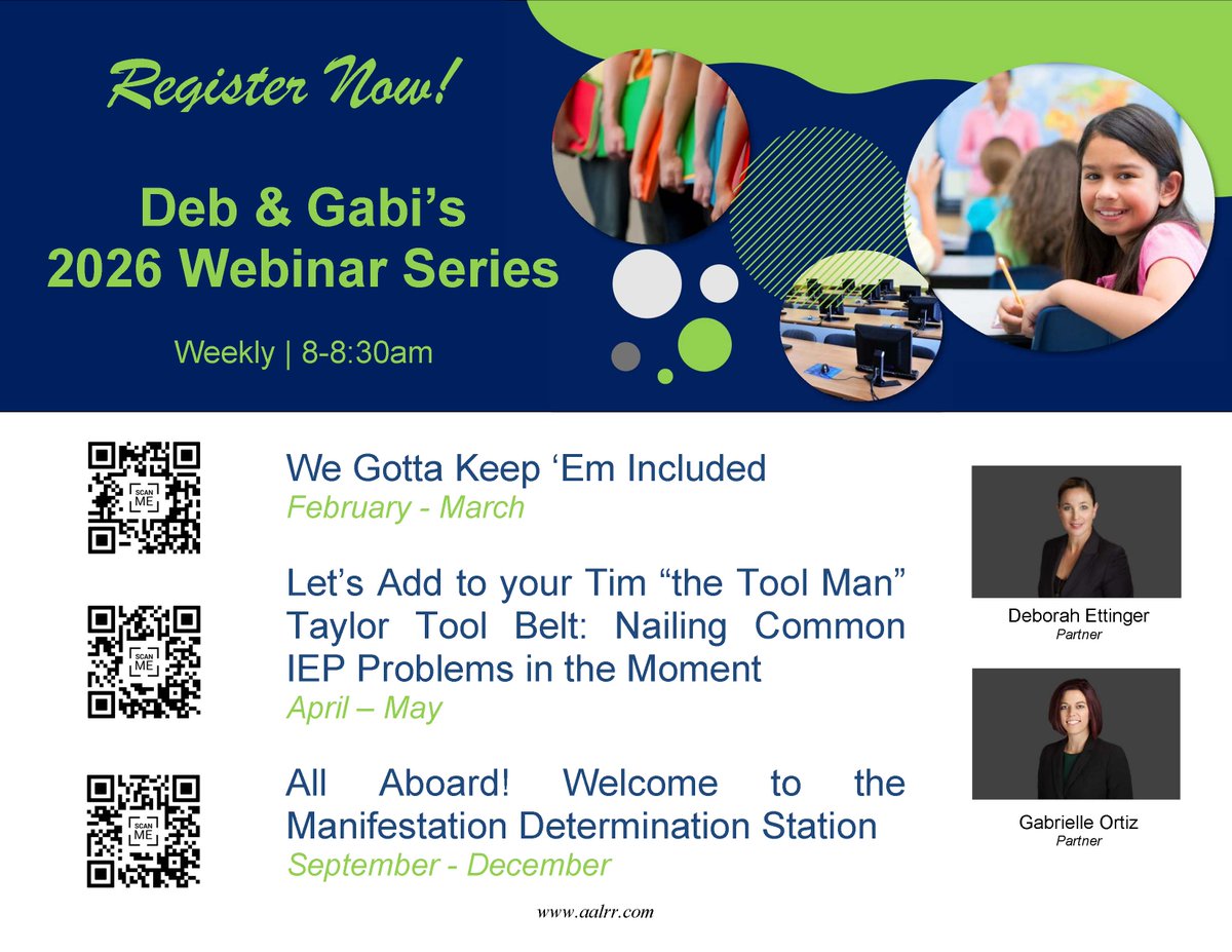 AALRR's tweet image. 📣 They are BACK! 🤩Join Deborah Ettinger &amp;amp; Gabrielle Ortiz for their new 2026 webinar programming - scan the QR codes below for more details. #aalrr #specialeducation aalrr.com/newsroom-events