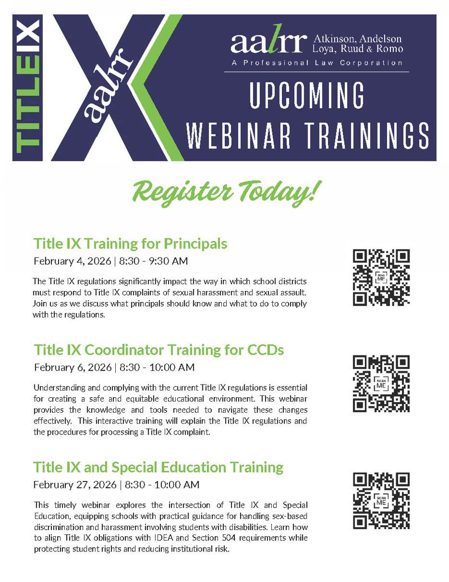 AALRR's tweet image. Join us in February for a series of Title IX trainings - scan the QR codes for more details. 💻 All things Title IX: aalrr.com/practices-Titl… #aalrr #titleix