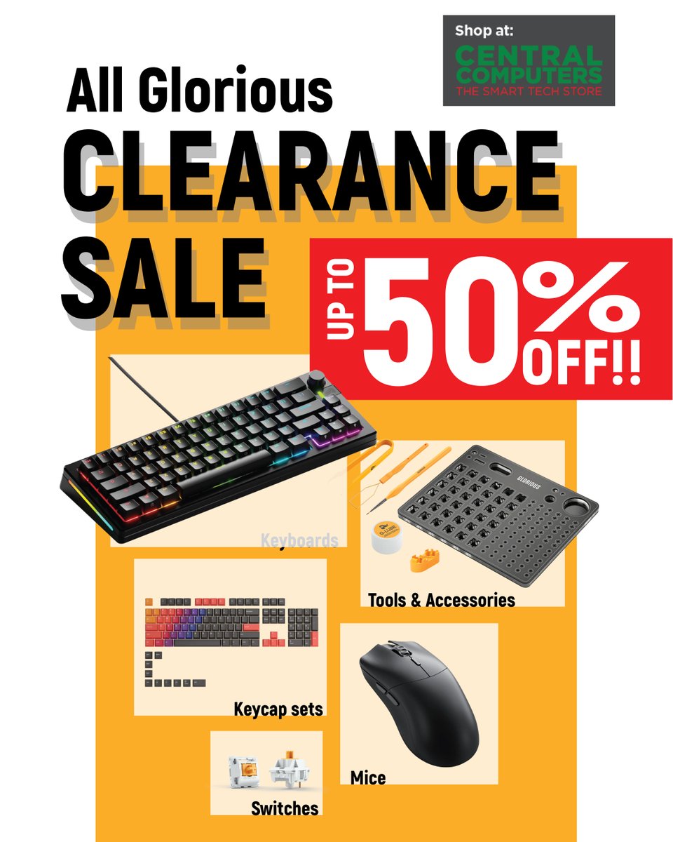 centralcomputer's tweet image. Our Glorious clearance sale is live now! Get up to 50% off on gaming keyboards, keycap sets, switches, gaming mice, and more.

Shop now: centralcomputer.com/all-products/p…

#pcmr #techdeals #glorious #centralcomputers #customkeyboard