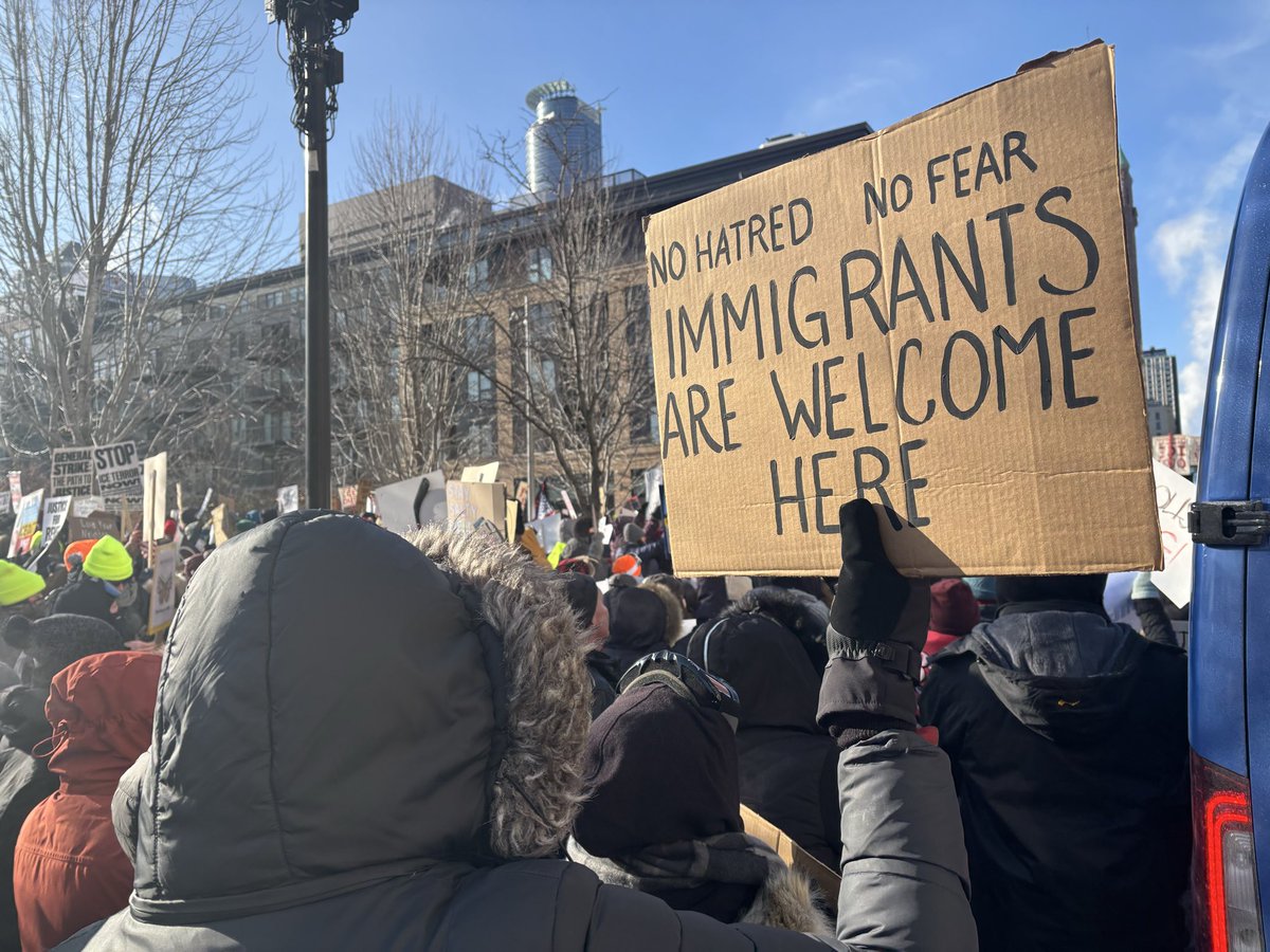 sarahlazare's tweet image. Shocked at how big the crowd is in Minneapolis. Don’t know an exact number but it’s in the many, many thousands. It is so cold your tears freeze to your face and your hands ache and yet people are here.