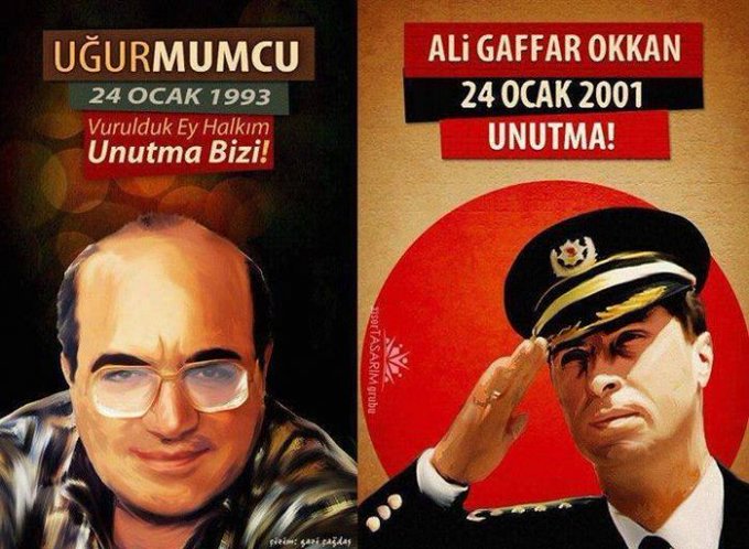 📌24 OCAK'TA NE OLMUŞTU? 
Şehitler, vurulunca değil, unutulunca ölürler...  
Uğur Mumcu: #24ocak1993 
Ali Gaffar Okkan: #24ocak2001
Ruhları Şad Olsun...
#UğurMumcu #AliGaffarOkkan