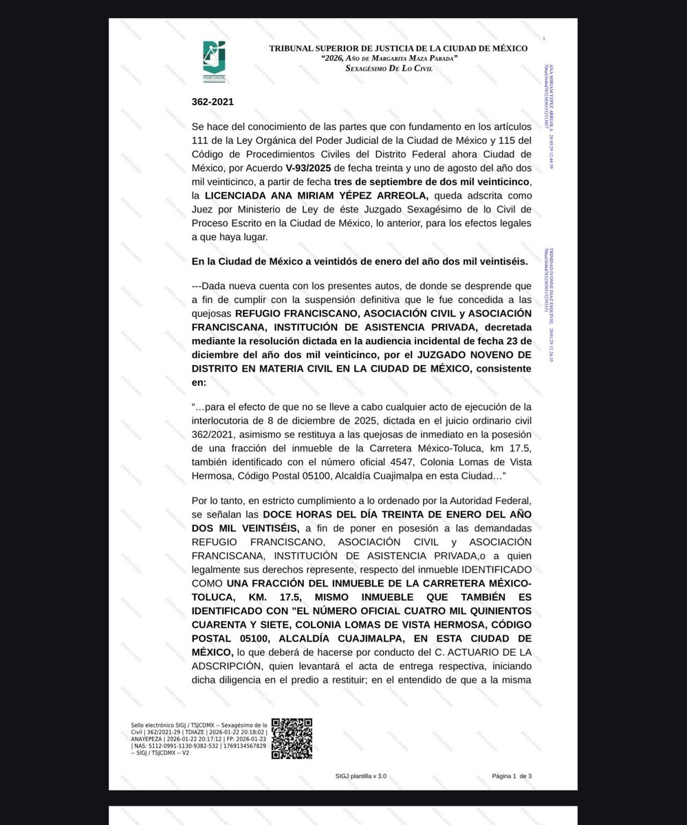 Por fin, la jueza 60 de CDMX, ordena devolver el predio a los franciscanitos, el próximo viernes 30 a las 12 del día Carmela Rivero tendrá que ir y regresar al Refugio Franciscano la casa de los perritos y gatitos y, desde luego, también <a href="/ClaraBrugadaM/">Clara Brugada Molina</a> a los animalitos. Esto es