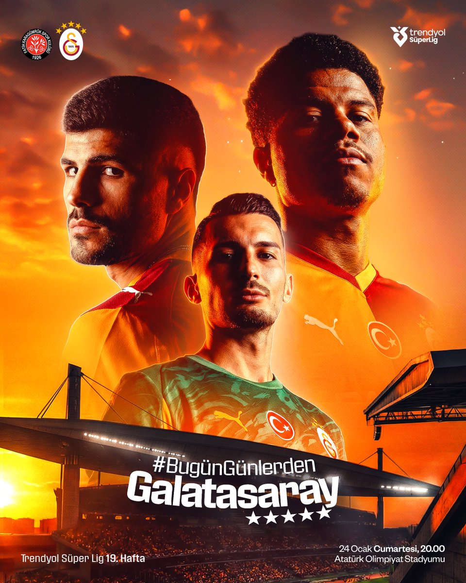 #BugünGünlerdenGALATASARAY 💪

🏆 Trendyol Süper Lig 2025-2026 Mehmet Ali Yılmaz Sezonu
🗓️ 19. Hafta
⚽ M. F. Karagümrük
📆 24.01.2026
⏰ 20.00
🏟️ Atatürk Olimpiyat Stadyumu
📲 #KGvGS