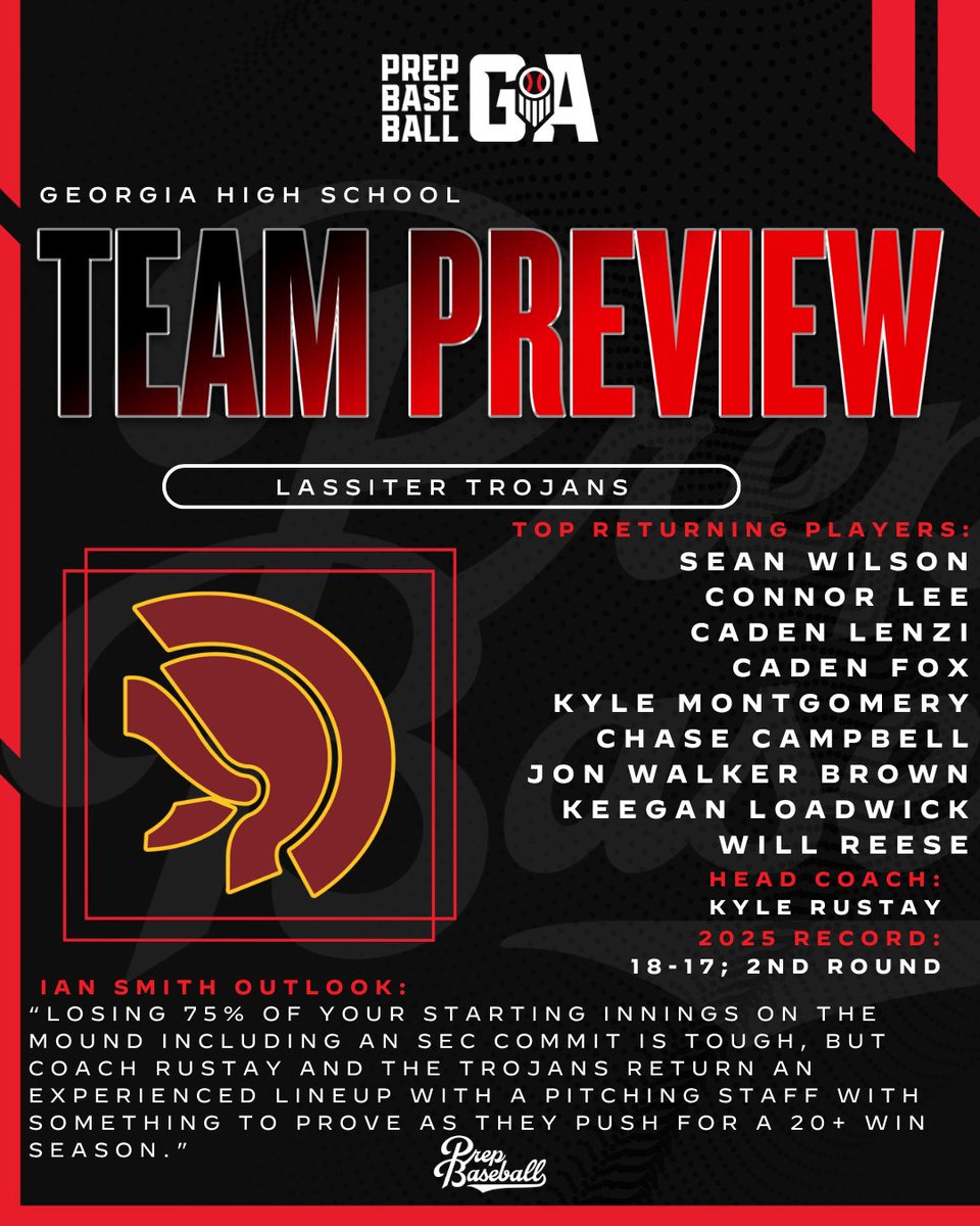 PrepBaseballGA's tweet photo. 𝟐𝟎𝟐𝟔 𝐇𝐢𝐠𝐡 𝐒𝐜𝐡𝐨𝐨𝐥 𝐓𝐞𝐚𝐦 𝐏𝐫𝐞𝐯𝐢𝐞𝐰 📝
𝑳𝒂𝒔𝒔𝒊𝒕𝒆𝒓 𝑻𝒓𝒐𝒋𝒂𝒏𝒔 ⚔️

+ The Trojans return an experienced line up in 2026, and will need some arms to step in to pick up some innings lost to graduation. 

𝐅𝐮𝐥𝐥 𝐏𝐫𝐞𝐯𝐢𝐞𝐰 ⤵️
🔗 https://t.co/jzegr8DoQO
