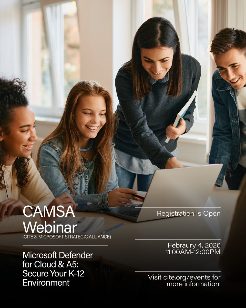 CITE_EDU's tweet photo. Join CITE and Microsoft to learn how Microsoft Defender for Cloud and A5 licensing can help K–12 institutions strengthen security and improve visibility across cloud and hybrid environments.

Register today: https://t.co/ByhHMelcP1
#CITE_EDU #k12 #edtech #technology https://t.co/eQhHCSXWUv