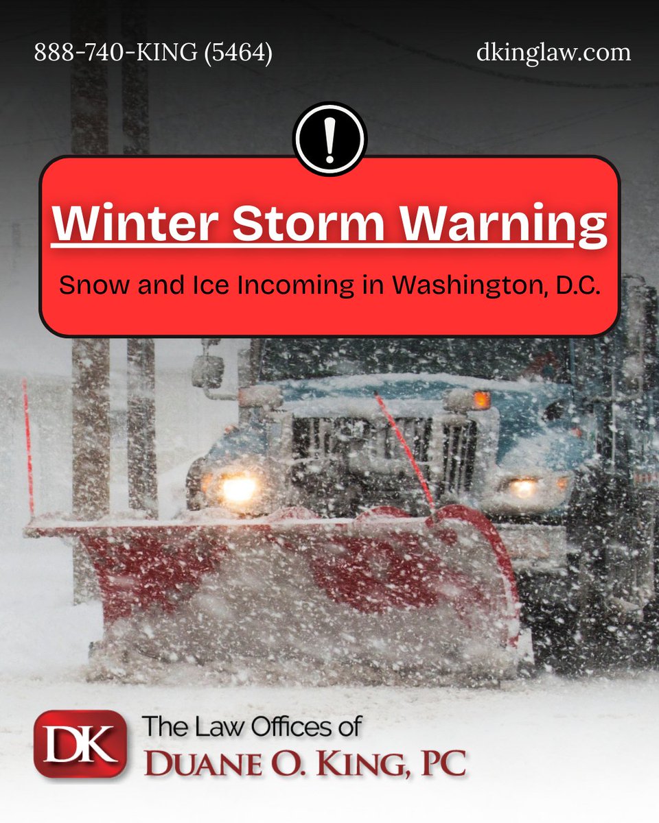 DKingLaw's tweet photo. Snow and ice are expected this weekend, making roads and sidewalks hazardous. If you are injured in a car accident or slip-and-fall during these conditions, The Law Offices of Duane O. King, P.C. is here to help you understand your rights and protect your claim. https://t.co/uMXsn7CWuN