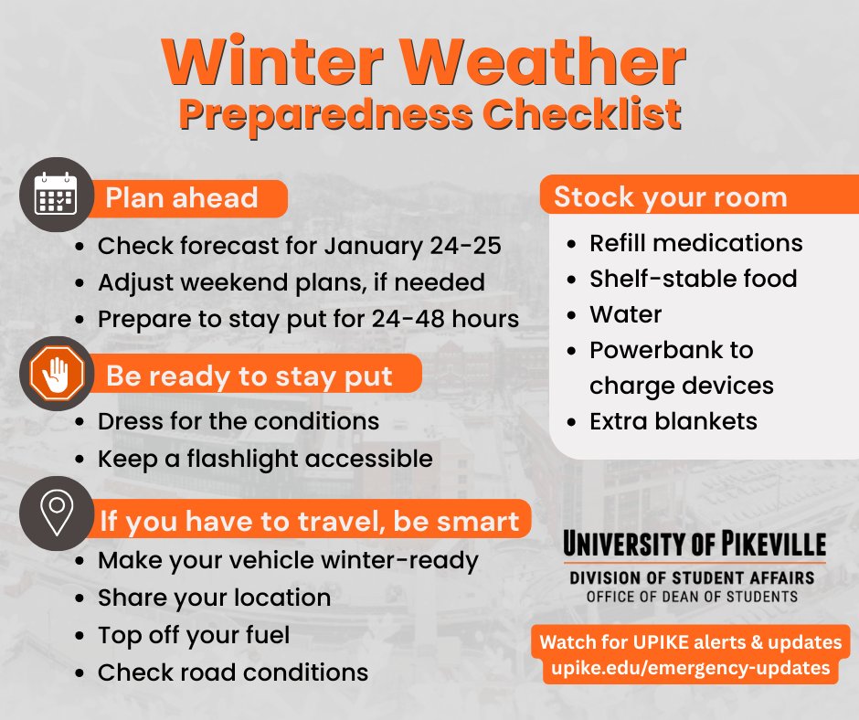 Stay weather aware and be prepared as severe winter weather enters the region tomorrow. 
Follow UPIKE social media channels and visit upike.edu/emergency-upda… for UPIKE alerts and updates.