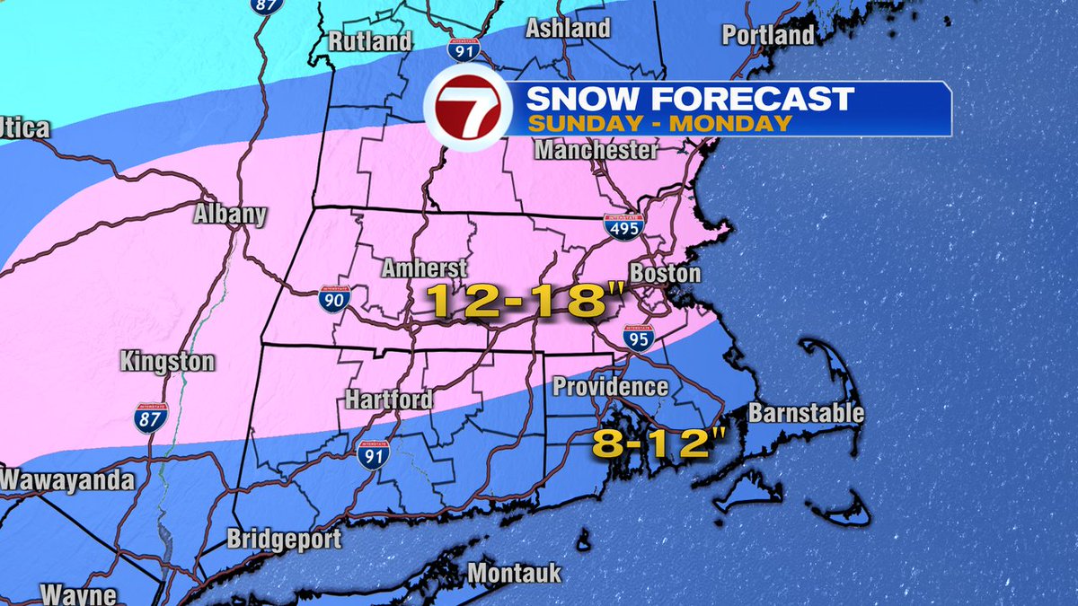 jreineron7's tweet image. Snow map for our storm Sunday into Monday. Most towns likely finish with a foot of snow. Some locations upwards of 18". South Shore &amp;amp; the Cape looks to have sleet mix with the snow. This likely limits maximum snowfall amounts in these locations. #7news