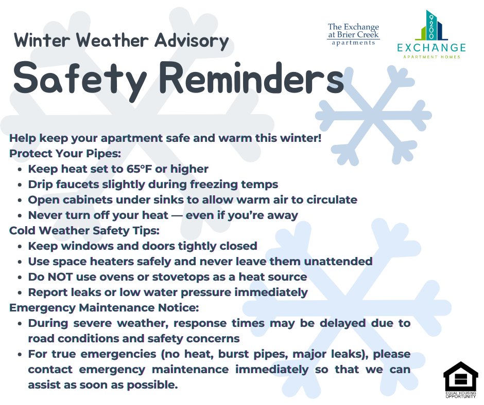 TheExchange_BC's tweet photo. Cold temps are coming! ❄️🔥 Make sure you’re prepared by following these winter weather tips to protect your apartment and avoid maintenance issues. A little prevention goes a long way! Stay warm, everyone! https://t.co/ubWA8EHBxP