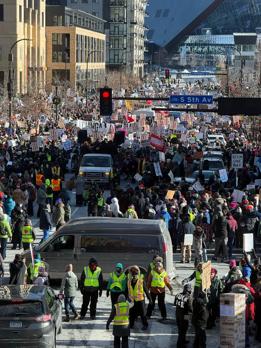 Resisting #DonaldJTrump's #fascism in the #USA. A #Photo from Friday's "#ICE Out" #protest in #Minneapolis, #Minessota.  The low temperatures, -15 C+, did not stop tens of thousands of Minessotans from marching in support of #democracy and #truth and in opposition to Trump..