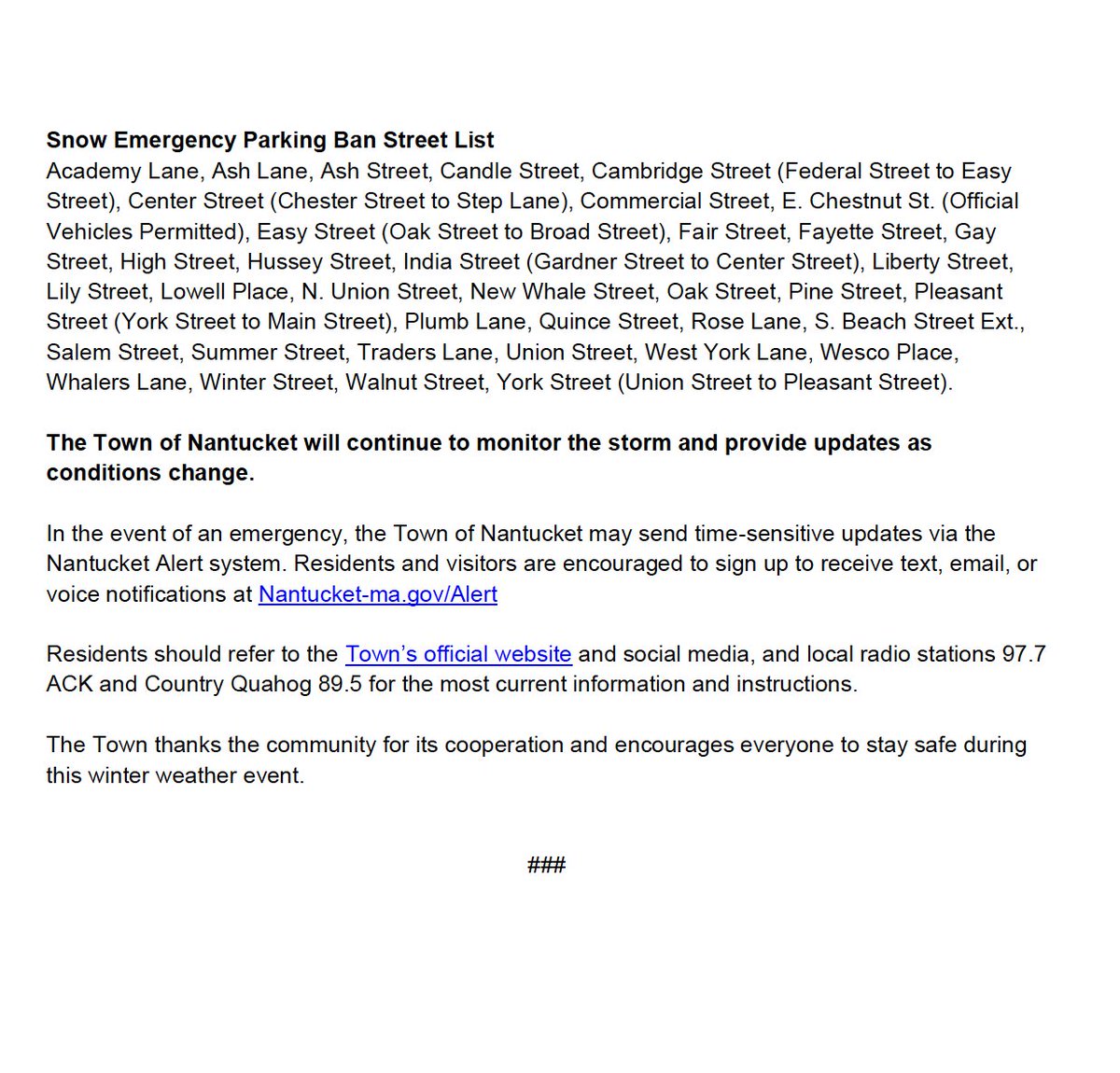 TownofNantucket's tweet photo. Town of Nantucket Issues Winter Storm Advisory and
Parking Ban https://t.co/UDSaLNQ3UO