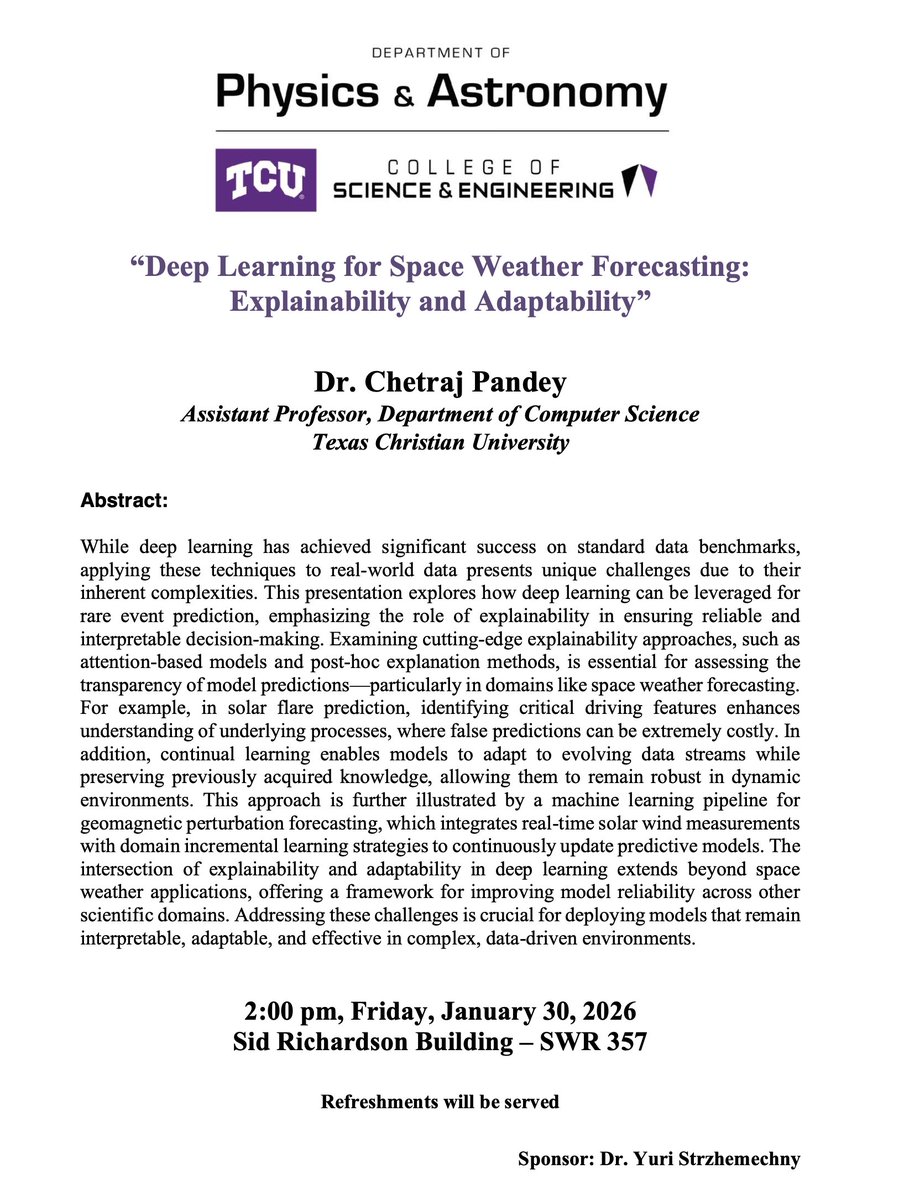 Join us next week when Dr. Chetraj Pandey will be talking to us about space weather! Seminar on Friday, January 30th at 2pm in SWR 357.