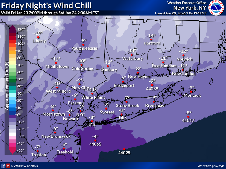 A major winter storm is on track to impact the region Sunday morning into Monday. The Winter Storm Watch has been upgraded to a Warning. In addition, a prolonged period of frigid air will affect the region tonight through next week. 
Latest briefing here: weather.gov/media/okx/DSSB…