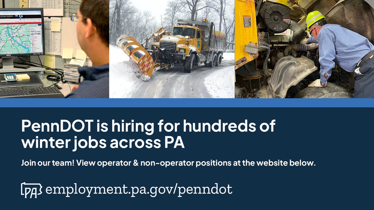 We’re actively looking for 100s of temporary &amp; full-time operators to help us deliver critical winter services. 
 
These jobs (available statewide) can be a great way to grow your career if you're looking for full-time employment. 
 
Learn more &amp; apply: employment.pa.gov/penndot.