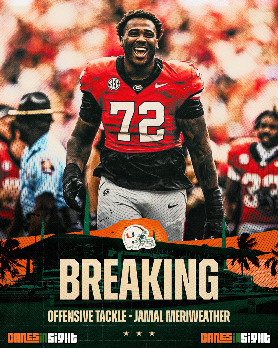 canes_muse's tweet image. BREAKING: Georgia OT transfer Jamal Meriweather has signed with Miami, per @mzenitz 

The 6’7 OL is looking to replace Markel Bell at that position.
