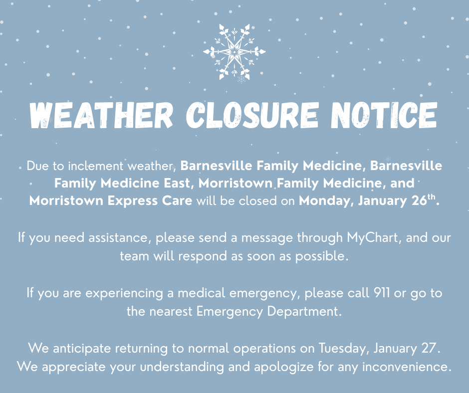 WVUBarnesville's tweet photo. ⚠️ Due to inclement weather, Barnesville Family Medicine, Barnesville Family Medicine East, Morristown Family Medicine, and Morristown Express Care will be closed on Monday, January 26th. https://t.co/36bqn0bnFX