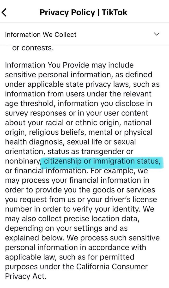 SuppressedNws1's tweet image. ⚡️JUST IN:

TikTok updated its Privacy Policy and it goes far beyond basic app data.

The policy explicitly says TikTok may collect or infer sensitive personal data, including your:

Citizenship or immigration status
Religious beliefs
Mental and physical health information
Race…