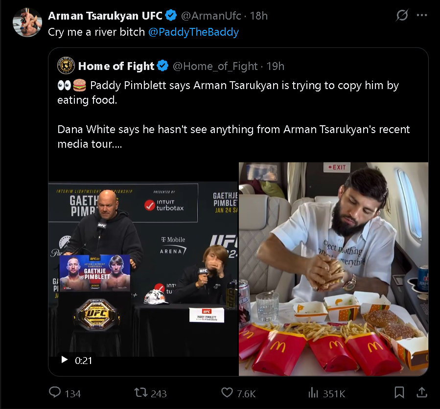 ScorelyGG's tweet image. Paddy Pimblett says Arman Tsarukyan is trying to copy him by posting similar food content 😲

Arman Tsarukyan fires back by saying “Cry me a river” 😭

#UFC324 @ufc