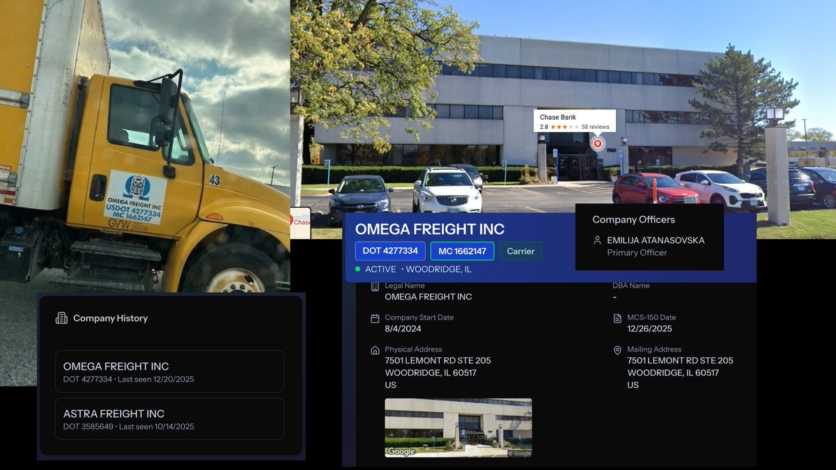 Found this one on LinkedIn, and it deserves to be blasted on X --> OMEGA FREIGHT INC (USDOT# 4277334) uses a shared mailbox @ Chase Bank as their PHYSICAL ADDRESS. 

This truck has been used by two companies within two months. Probably more, he just didn't have an inspection
