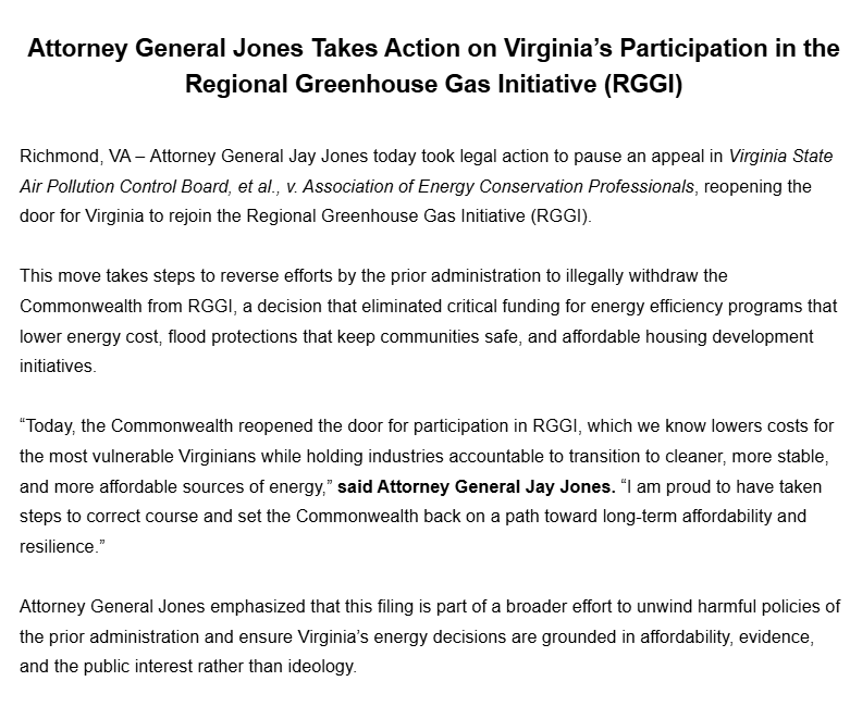 New: As first reported by <a href="/CPaullinVA/">Charles Paullin</a>, <a href="/AGJayJones/">Attorney General Jay Jones</a> is taking steps that could open the door to Virginia rejoining RGGI. 

In 2024, a judge ruled <a href="/GlennYoungkin/">Glenn Youngkin</a> didn't have the authority to remove VA from RGGI, and his actions were null and void. 

That ruling has been on hold