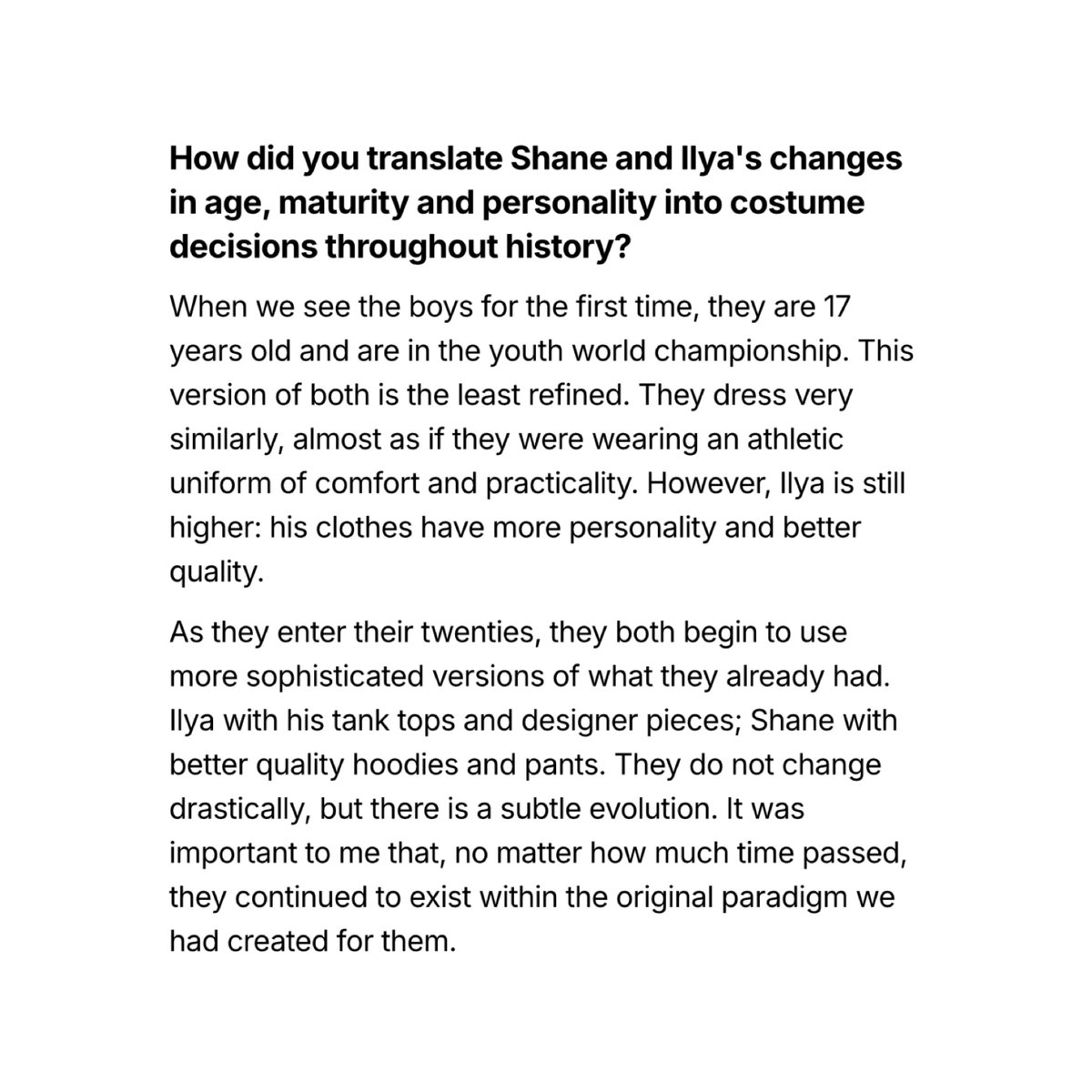 hudsonwupdates's tweet image. Costume designer Hanna Puley on Shane Hollander and Ilya Rozanov’s fashion evolution in “Heated Rivalry” 

“At the end of the season, when they're alone together in the cabin, they almost revert to a more younger/childlike version of themselves. There's no effort to impress each…