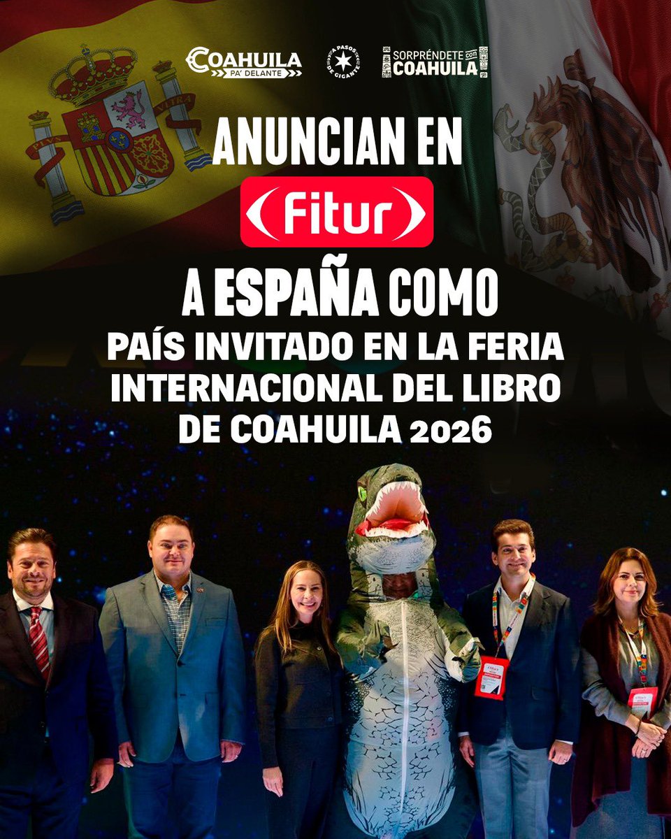 SeTurCoah's tweet image. Desde la FITUR, nuestro estado anunció que España será el país invitado a la @FILCoahuila 2026 a celebrarse en mayo.

Coahuila mantiene lazos históricos de amistad, comercio, cultura, turismo, negocios y proyectos conjuntos con España.

#CoahuilaPaDelante #APasosDeGigante
