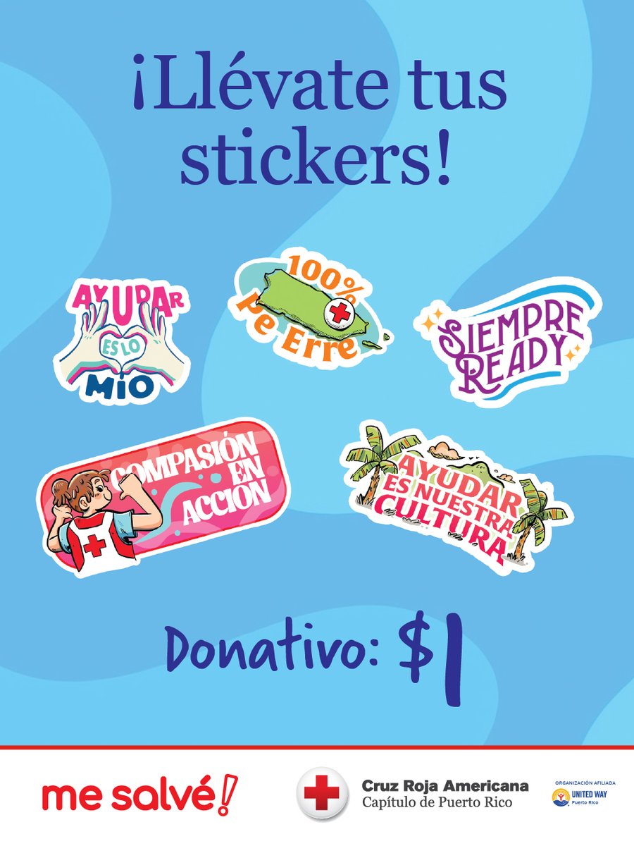 ¿Ya tienes tu sticker? Por solo $1 en Me Salvé, te llevas unos stickers espectaculares y a la vez aportas a nuestro trabajo de ayudar a las familias afectadas por fuegos y otros desastres. 

#CruzRojaPR