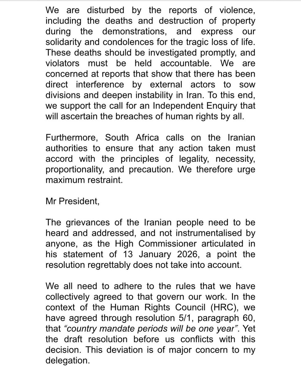 sherwiebp's tweet image. South Africa’s abstained on a U.N. Human Rights Council motion that extend an existing fact-finding mission on Iran in order for it to investigate a recent crackdown amid anti-government protests that’s estimated to have killed thousands. 

SA says it would support the call for…