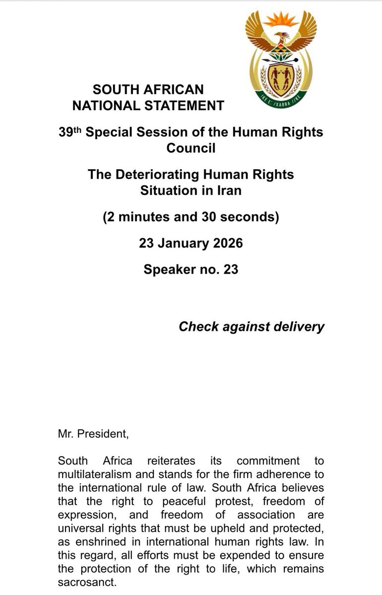 sherwiebp's tweet image. South Africa’s abstained on a U.N. Human Rights Council motion that extend an existing fact-finding mission on Iran in order for it to investigate a recent crackdown amid anti-government protests that’s estimated to have killed thousands. 

SA says it would support the call for…