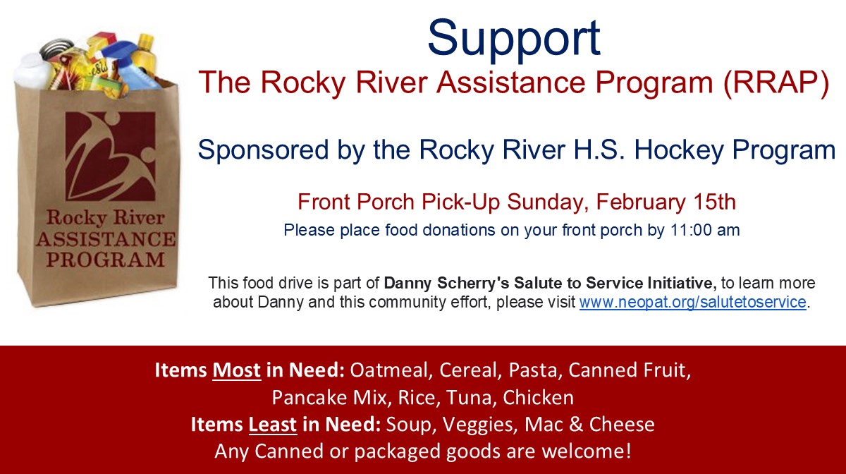 Calling all supporters of the Rocky River Hockey program &amp; RR community!         We need your help as the Food Pantry is low!    Porch Pick-up  Food Drive: Sunday, February 15th.   To donate, please visit: bit.ly/RRHockey26

<a href="/RRHSHockey/">RRHS Hockey</a> <a href="/RRYHockey/">Rocky River Youth Hockey</a> <a href="/rrboosters/">Rocky River Boosters</a>
