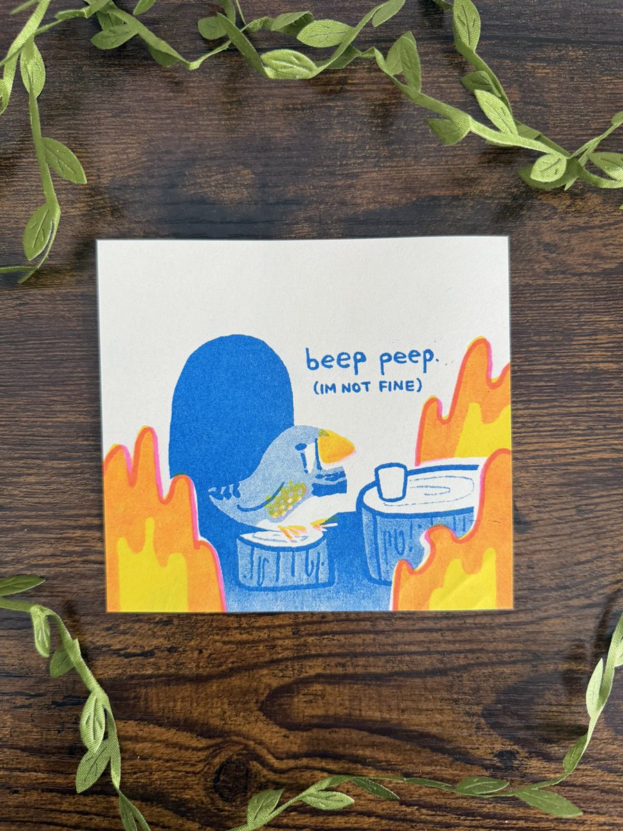 zebra finch says “beep peep (i’m not fine)” 

my digital and risograph versions are quite different in colour, but i really like their differences ｡ﾟ(ﾟ´ω`ﾟ)ﾟ｡

my risograph version is available on my shop!