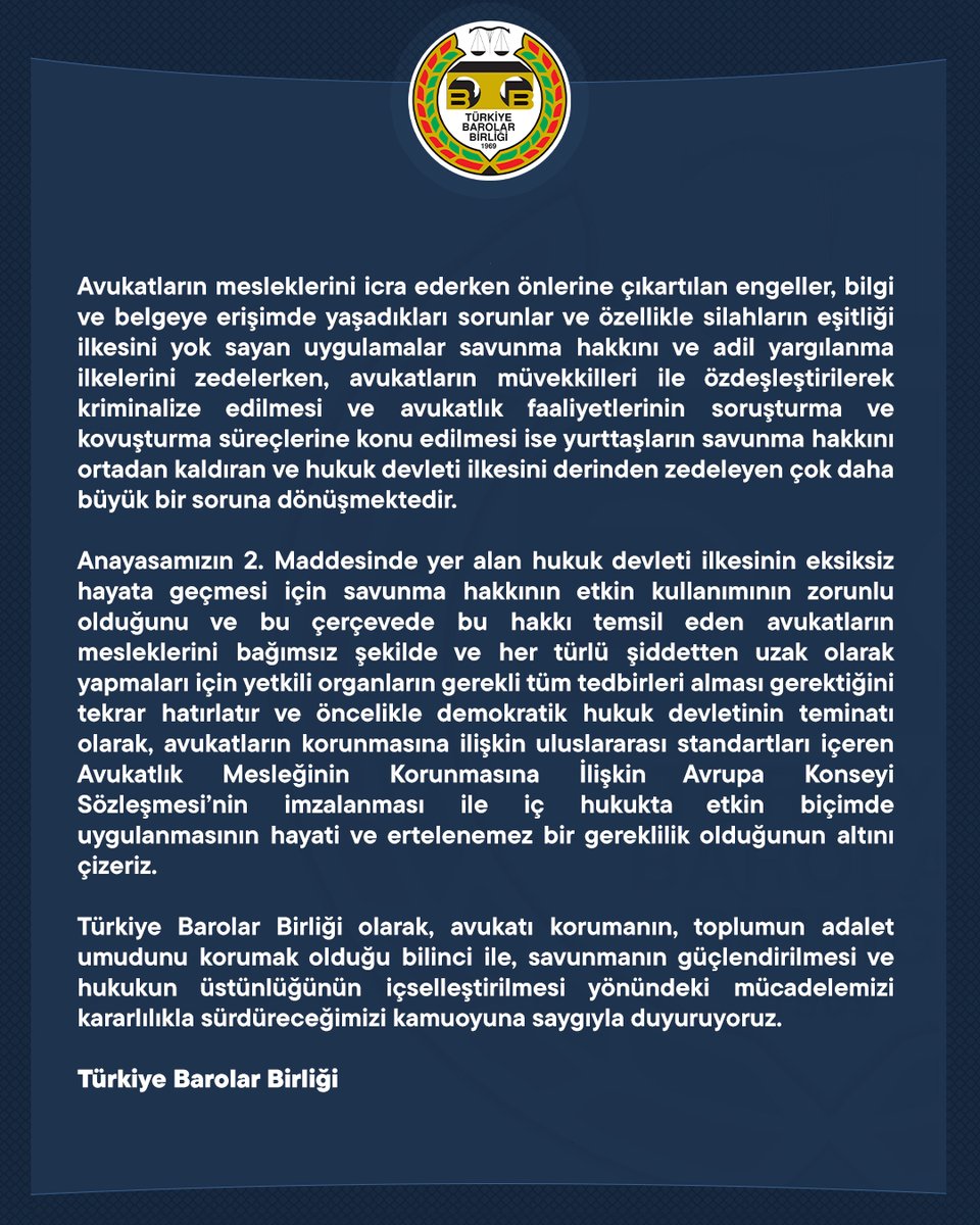Avukatı Korumak Yurttaşın Hakkını, Toplumun Adalet Umudunu Korumaktır

👉  barobirlik.org.tr/Haberler/86231
