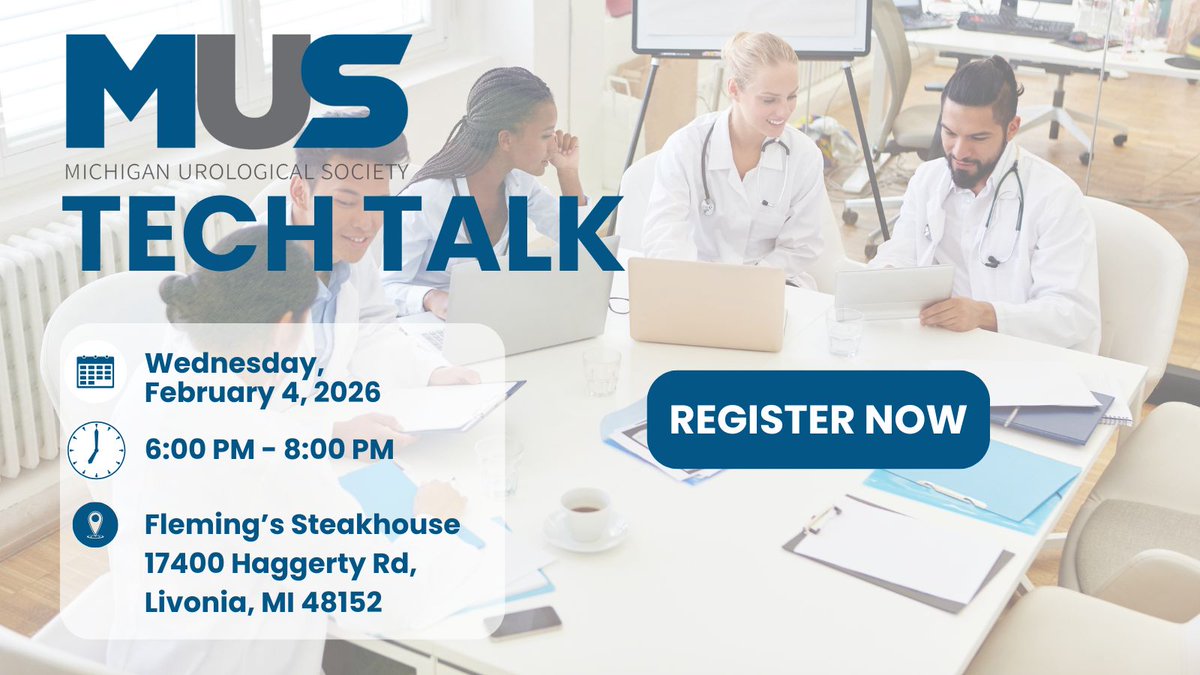MIUrSociety's tweet photo. Join MUS for a New Technology discussion in Urology!
📅 Feb 4, 2026 | ⏰ 6–8 PM
📍 Fleming’s Steakhouse, Livonia
Topics include Jelmyto in practice &amp; suction sheaths for ureteroscopy.
Space is limited—RSVP today! 👇
Register here: https://t.co/sYyjoWgYAH

#MUS #TechTalk #Urology https://t.co/26R9Fsb7FS