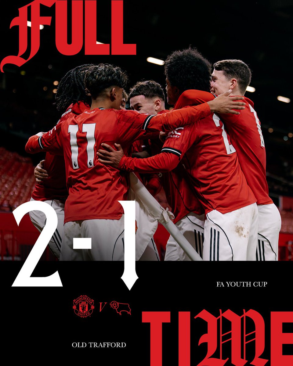 Our #MUAcademy U18s progress in the #FAYouthCup, defeating Derby County 2-1 at Old Trafford after extra time 👏🔴
