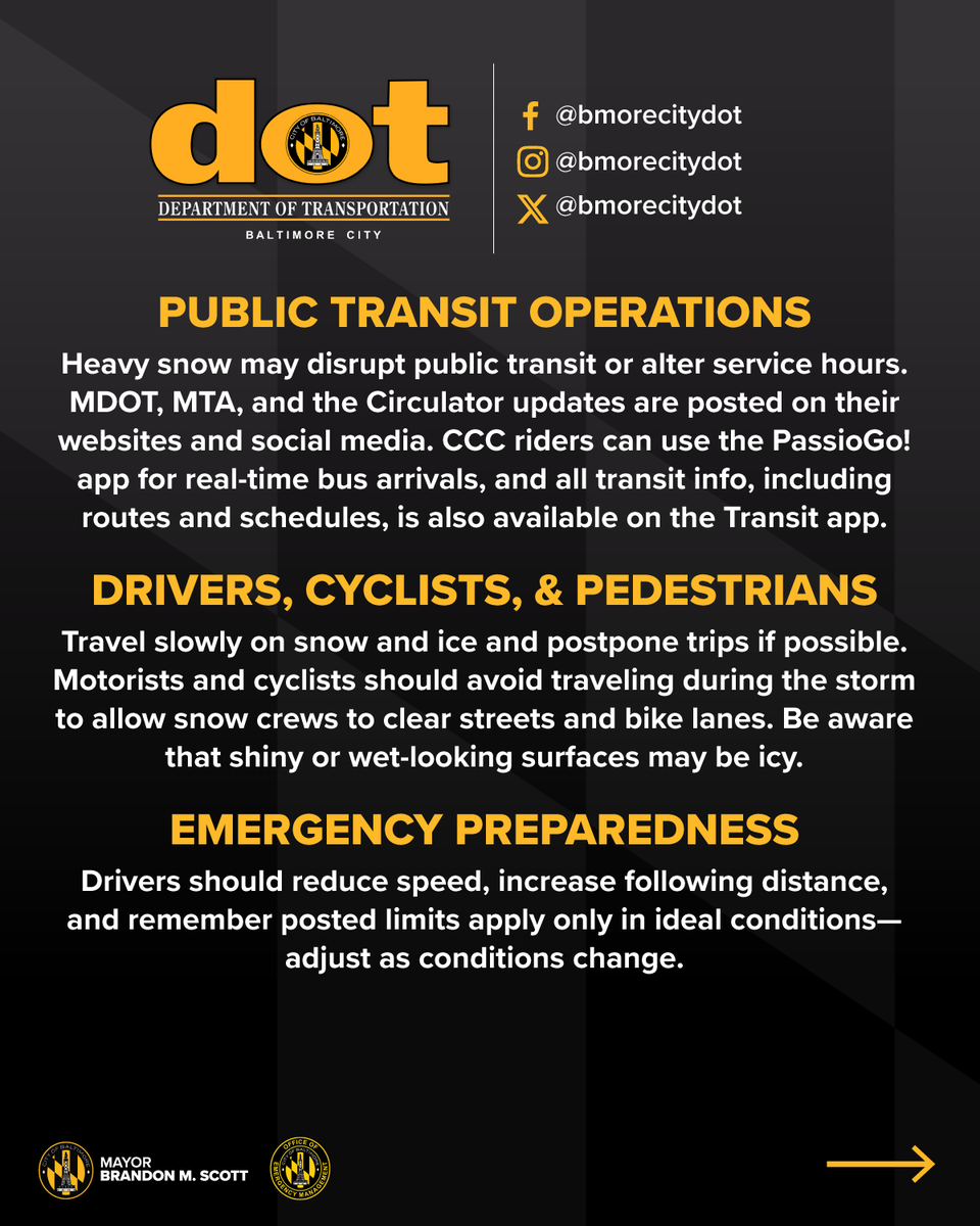 MayorBMScott's tweet photo. Our city crews will be working around the clock to ensure that our residents and that our roads are safe. Here are some additional updates. ⬇️

Follow @BmoreCityDOT to stay up to date on all transit operations. https://t.co/jgZgIbsRlZ
