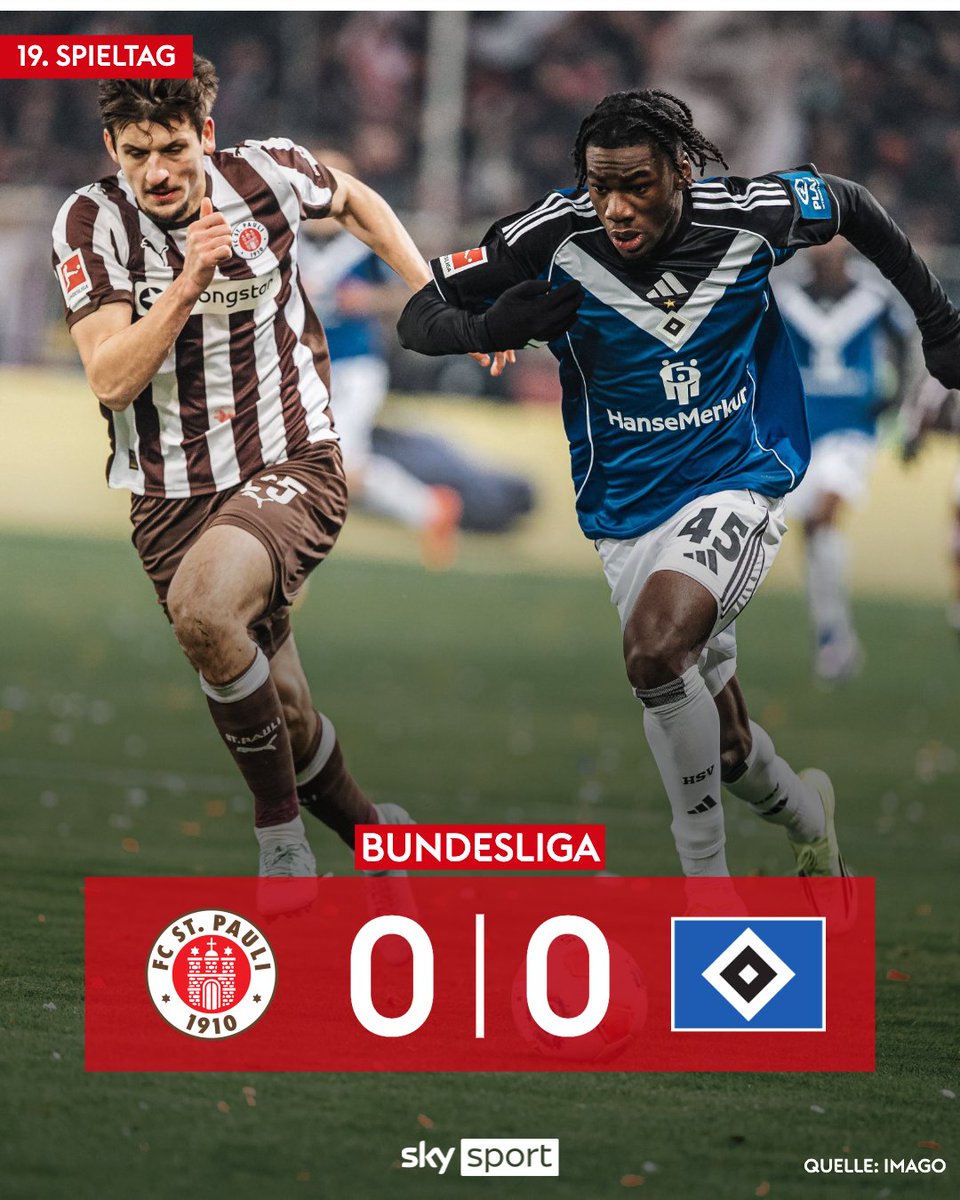 SkySportDE's tweet photo. Keine Tore am Freitagabend im Derby! ❌⚽️ Der HSV wartet seit seiner Rückkehr in die Bundesliga immer noch auf den ersten Auswärtssieg. ⏳ St. Pauli sammelt den ersten Punkt im Jahr 2026 ein. 

#SkyBundesliga #STPHSV https://t.co/NGveITzGWE