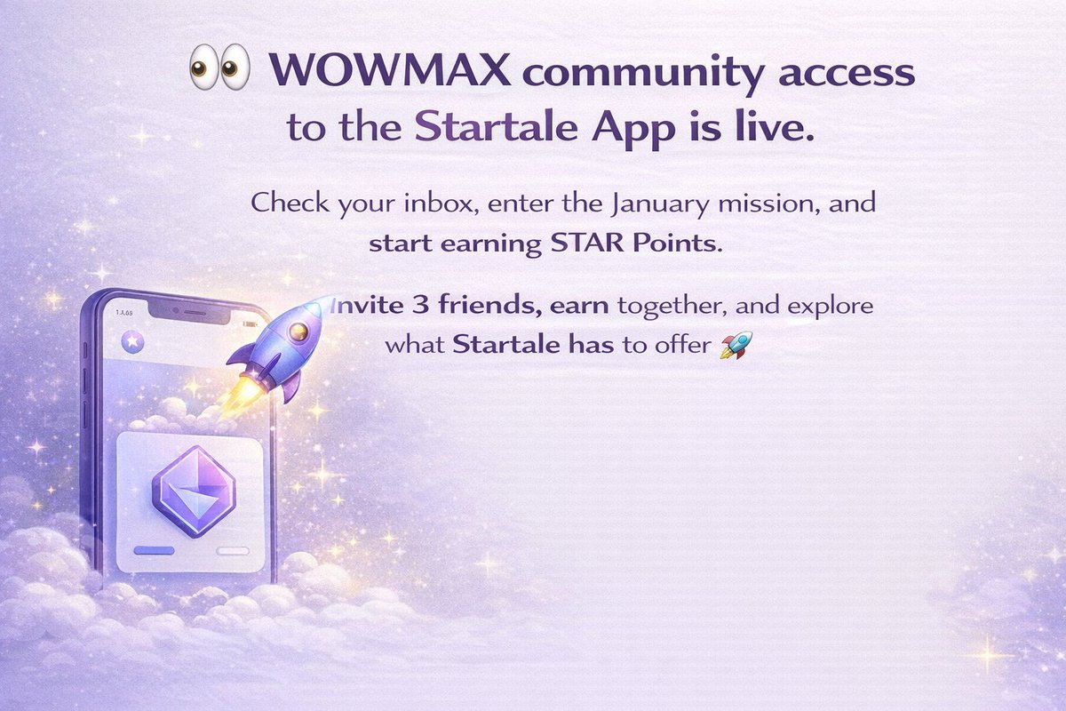 FOsinachi9124's tweet photo. π WOWMAX community access is live on the Startale App.
Check your inbox, join the January mission, earn STAR Points, and invite 3 friends to earn together π
#WOWMAX #Startale #Web3 #CryptoRewards https://t.co/1aGOgNCBDc