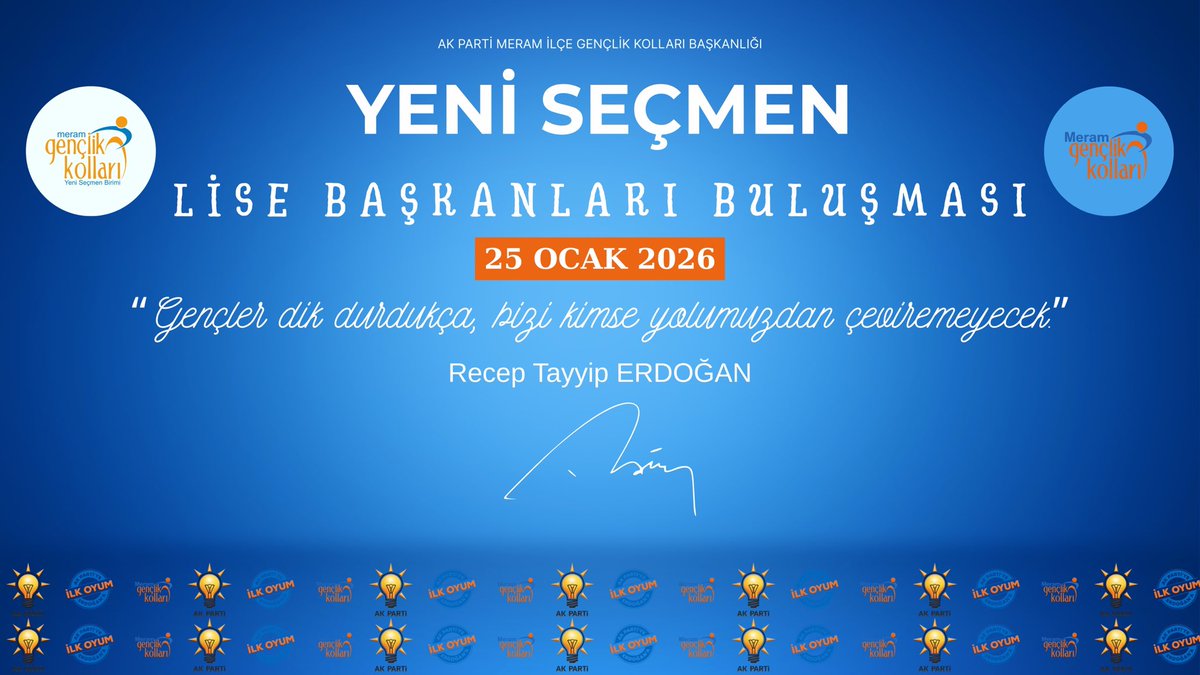 YeniSecmnMeram's tweet photo. 🎓📣 OKUL BAŞKANLARI BULUŞUYOR.

Okulda Söz Sende;

AK Parti Meram Gençlik Kolları Yeni Seçmen Birimi,
okul başkanlarıyla özel bir buluşma yapıyoruz.
Hem tanışacağız, hem konuşacağız, hem yeni projeler üreteceğiz🚀
🗓 Tarih: 25/01/2026
⏰ Saat: 20:00
📍 Yer: Arke Eğitim Kurumları https://t.co/B8id3YSUeQ