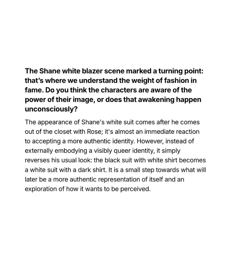 hudsonwupdates's tweet image. ‘Heated Rivalry’ costume designer Hanna Puley on Shane Hollander’s white suit and what it represents for him (via @badhombremag_)

“The appearance of Shane’s white suit comes after he comes out of the closet [to] Rose; it’s almost an immediate reaction to accepting a more…