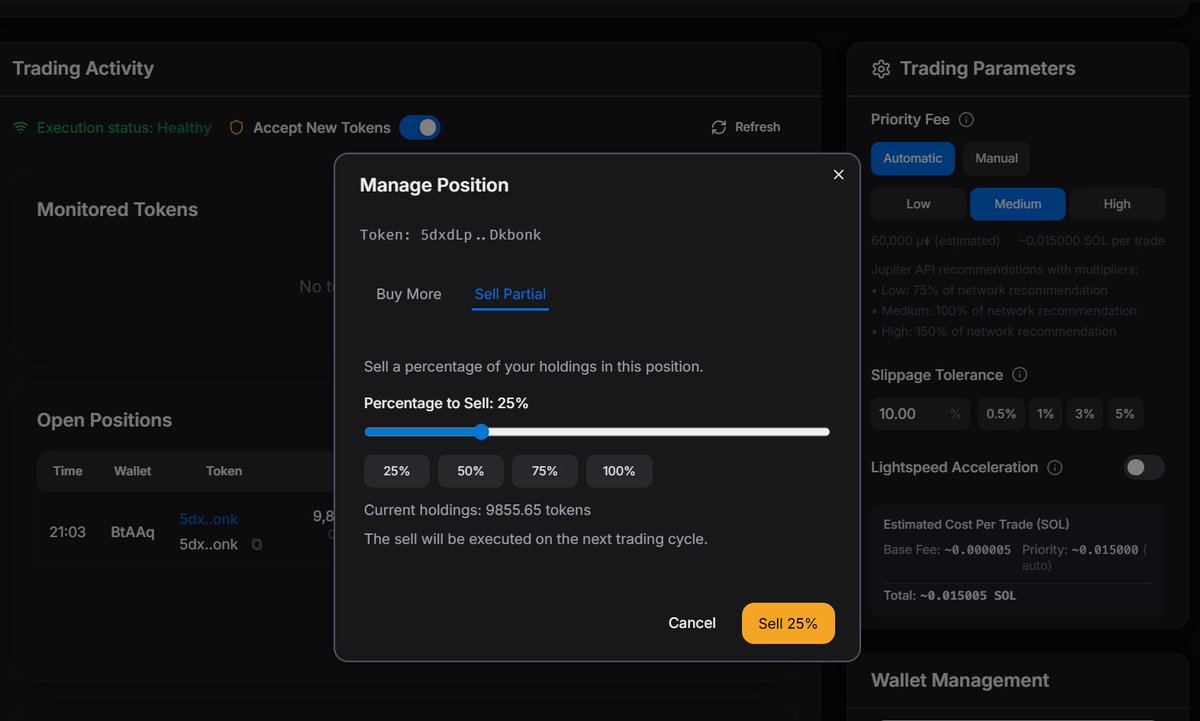 Tradecraft is all about automated trading. But what if a position is up and you want to take some off the table, and still keep the automated strategy running? Well now you can!

At user request we have added this and it's live on the user acceptance environment. You can now add