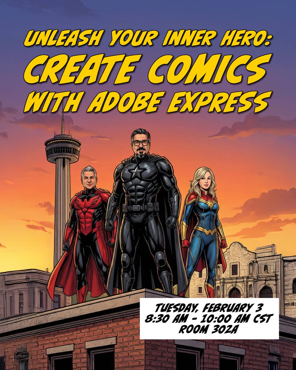 ClaudioZavalaJr's tweet photo. 🦸‍♂️POW. BAM. CREATE! 🦸‍♀️

Join us at @TCEA in San Antonio for Unleash Your Inner Hero: Create Comics with @AdobeExpress , where we’ll explore how Generative AI with @AdobeFirefly helps educators bring storytelling, student voice, and imagination into any classroom—no artistic background needed.

This session is all about making learning visible, expressive, and fun through comics.

🗓️ Tuesday, February 3
⏰ 8:30–10:00 AM CST
📍 Room 302A

👉🏾 If you believe learning should be creative, this session is for you ✌🏾

#TCEA #AdobeExpress #AdobeEduCreative