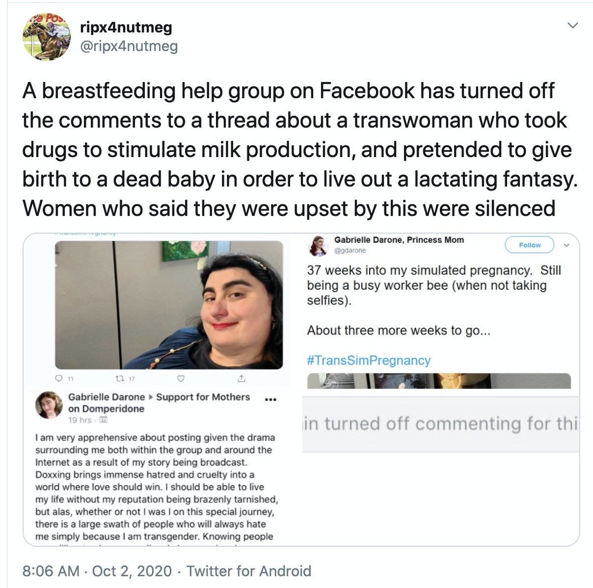 PatrickAbrazos's tweet image. Gabrielle Darone es un trava que fingió estar embarazado durante más de 37 semanas, tomando drogas para simular contracciones y estimular generación de leche "materna".

Pero eso no es lo peor. Lo peor viene ahora:

Se metió en un grupo de apoyo a mujeres embarazadas y madres…