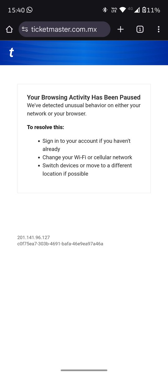Liilo_g's tweet photo. @Ticketmaster_Me desbloqueame!!!
Me quitaste toda oportunidad en preventa aunque siguiera tus reglas. https://t.co/ZRFZN3YUn0